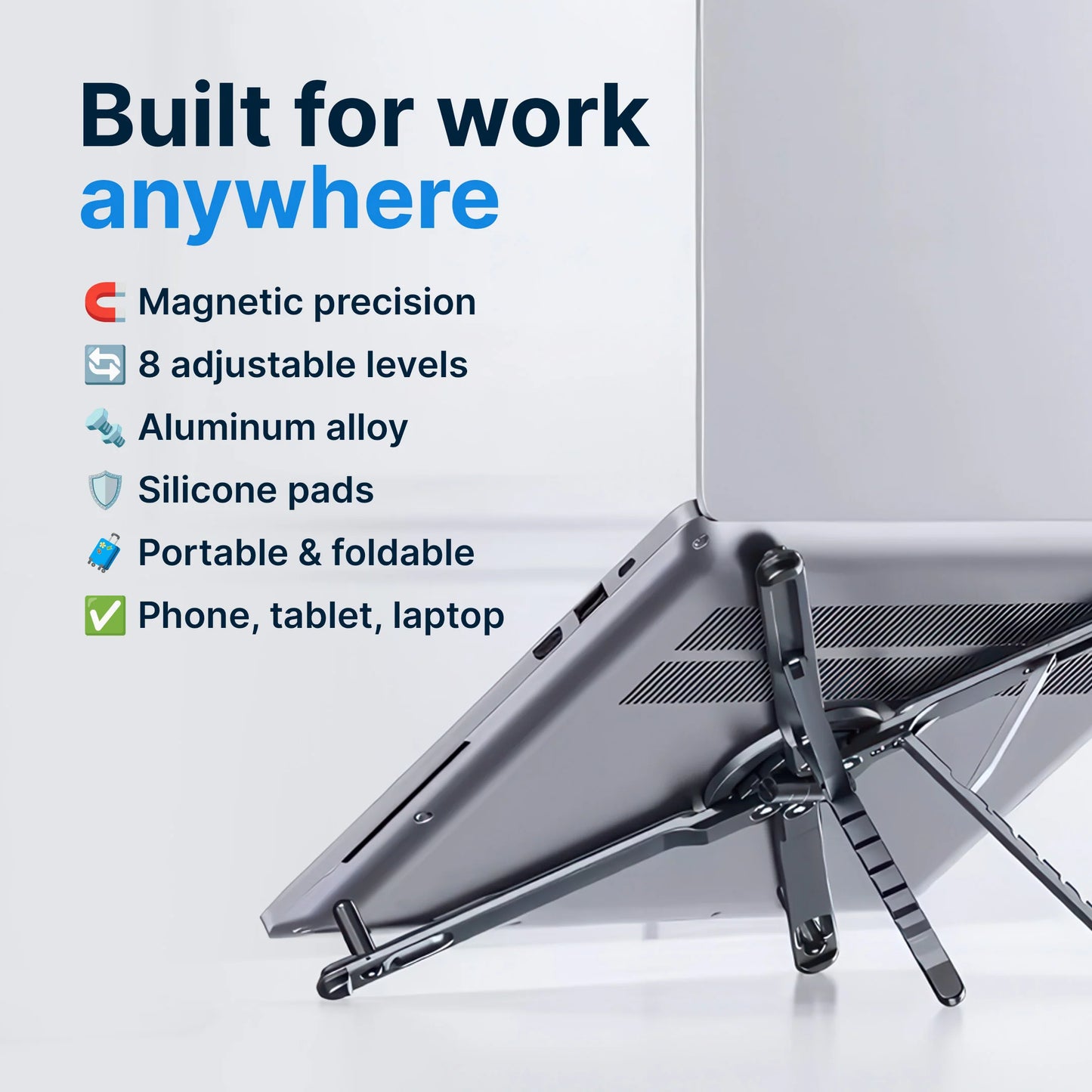Foldable Multi-Device Stand | 8 Adjustable Levels MagSafe Phone Holder for Laptop/Tablet - Portable Work From Anywhere